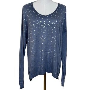 Tempo Paris Star Print Sweater Women M/L Blue Silver Metallic Foil Celestial